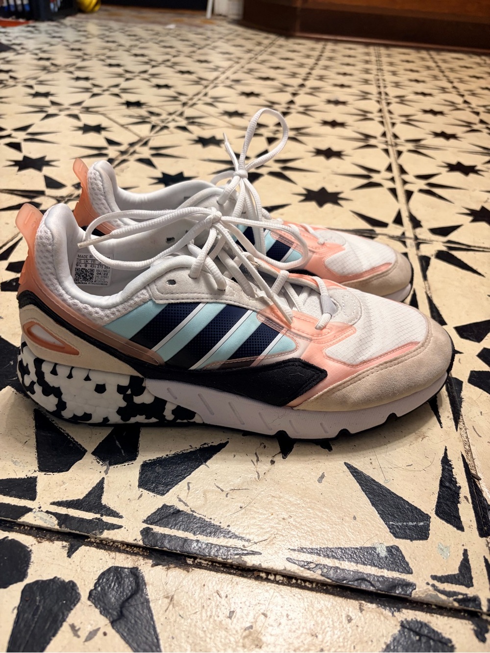 adidas Women's Sneakers in White, Peach & Light Blue zX 1k boost 2.0